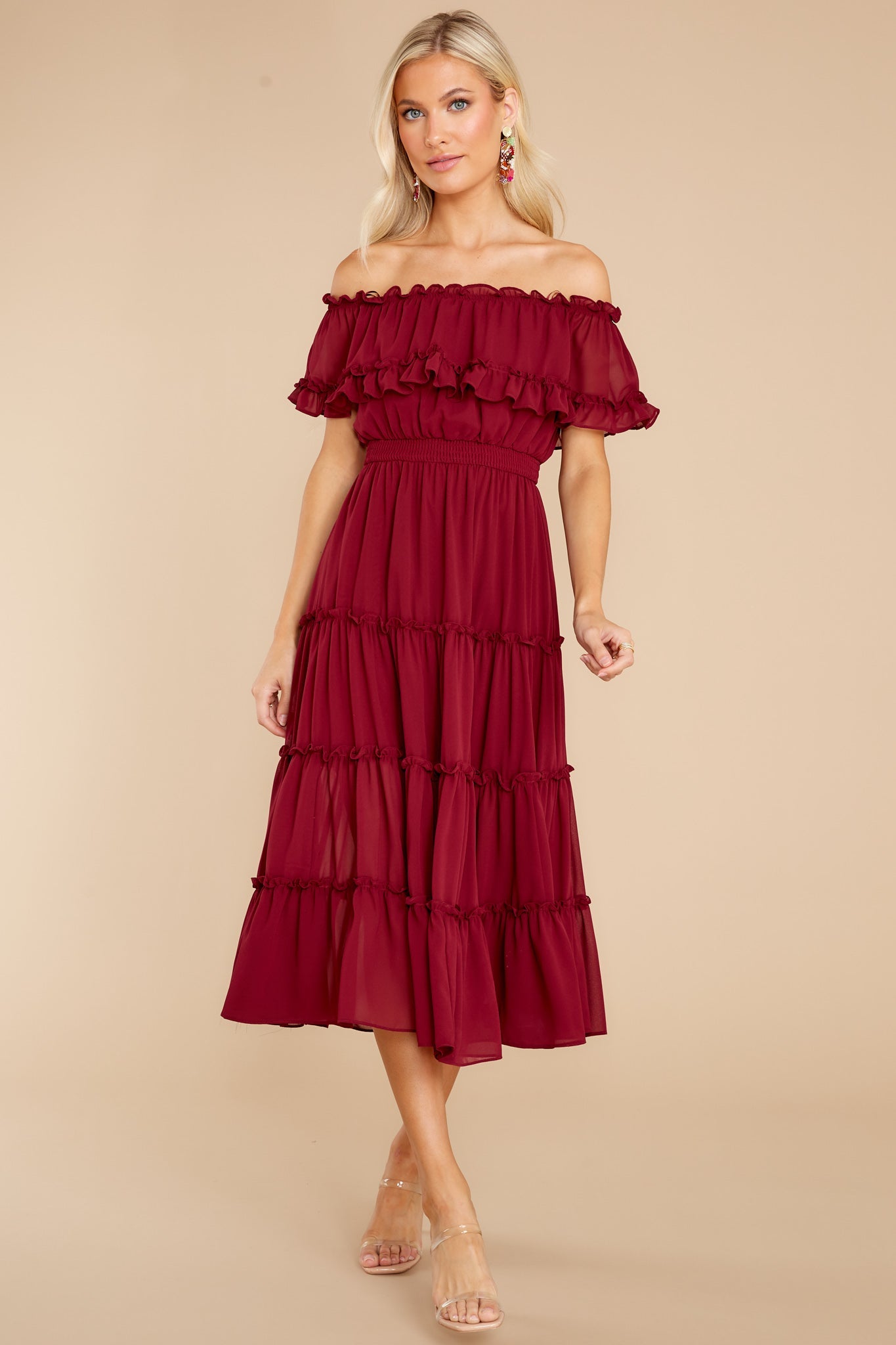 As She Goes Wine Off The Shoulder Midi Dress
