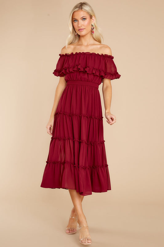 As She Goes Wine Off The Shoulder Midi Dress