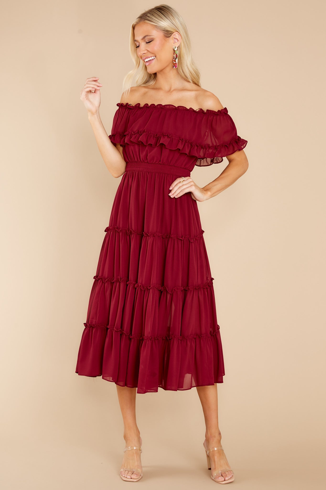 As She Goes Wine Off The Shoulder Midi Dress