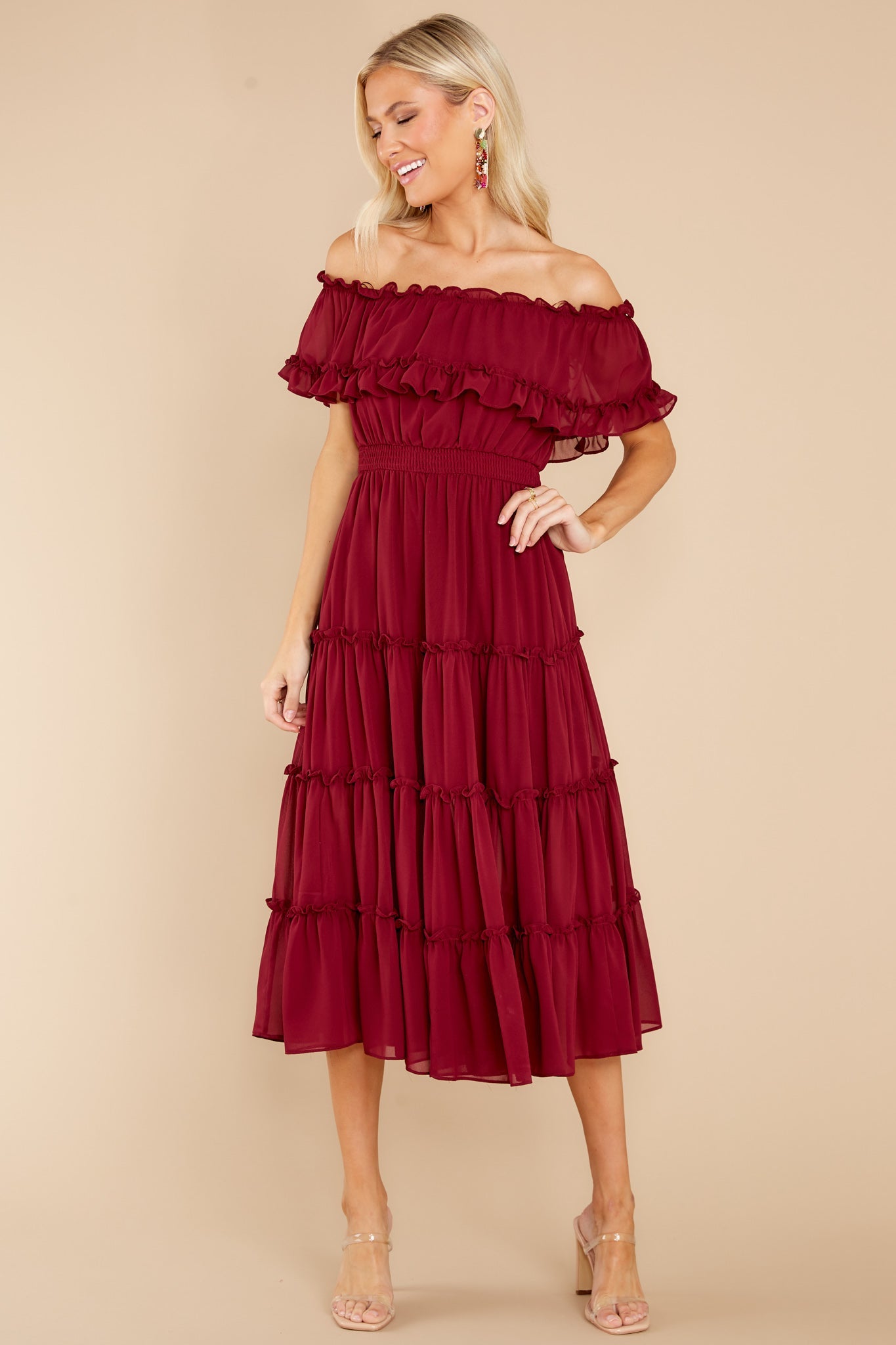 As She Goes Wine Off The Shoulder Midi Dress