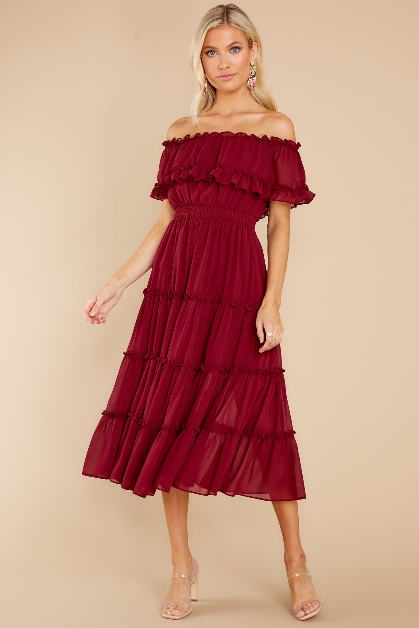 As She Goes Wine Off The Shoulder Midi Dress