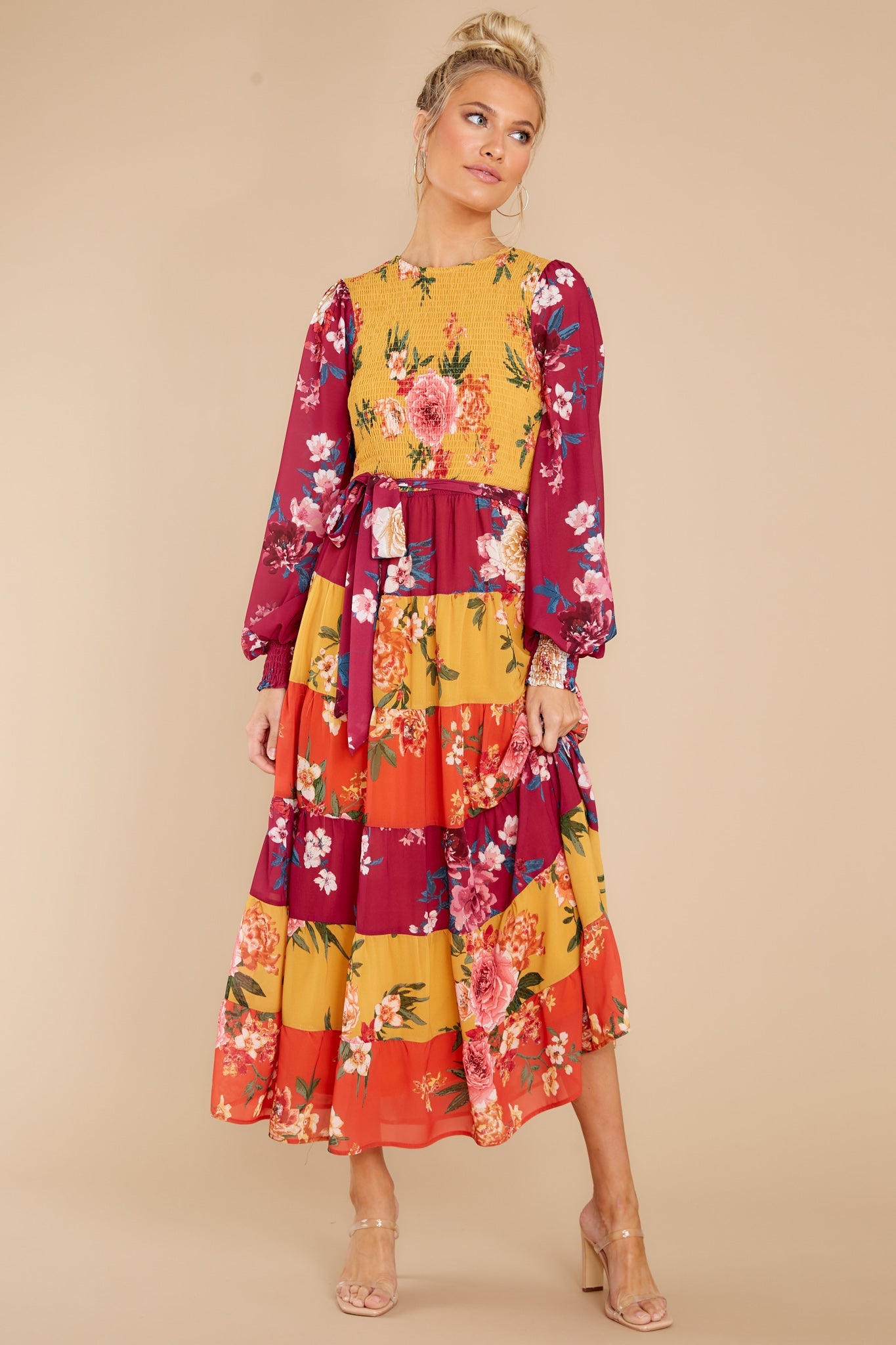 Save The Date Magenta And Mustard Floral Print Maxi Dress