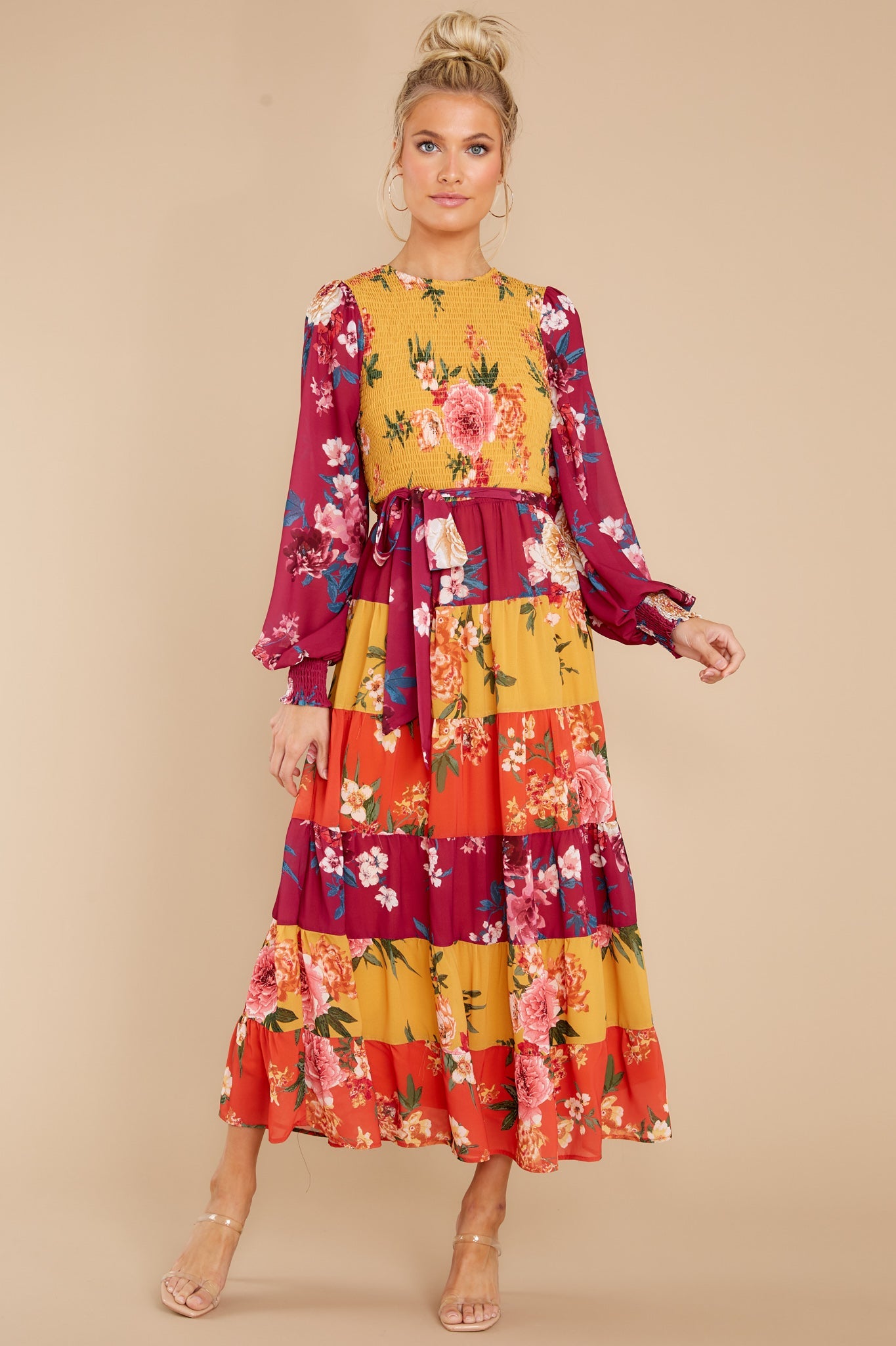 Save The Date Magenta And Mustard Floral Print Maxi Dress