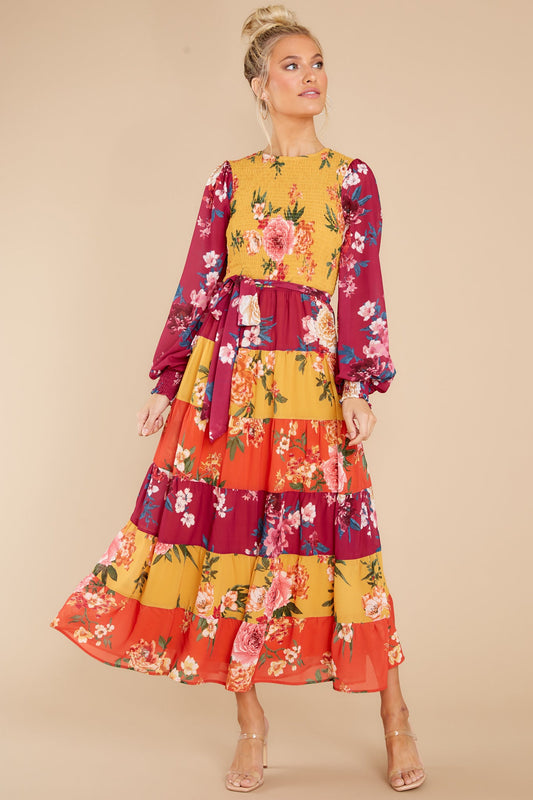 Save The Date Magenta And Mustard Floral Print Maxi Dress