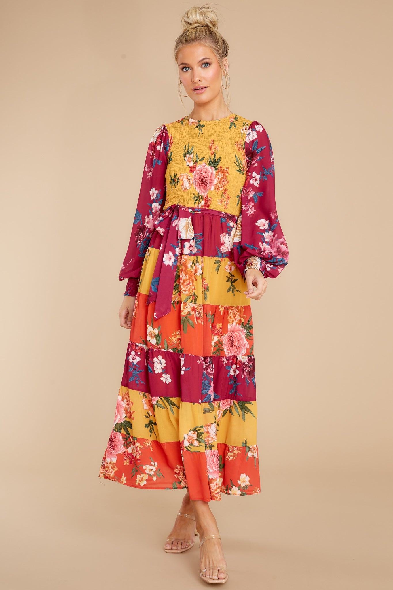 Save The Date Magenta And Mustard Floral Print Maxi Dress