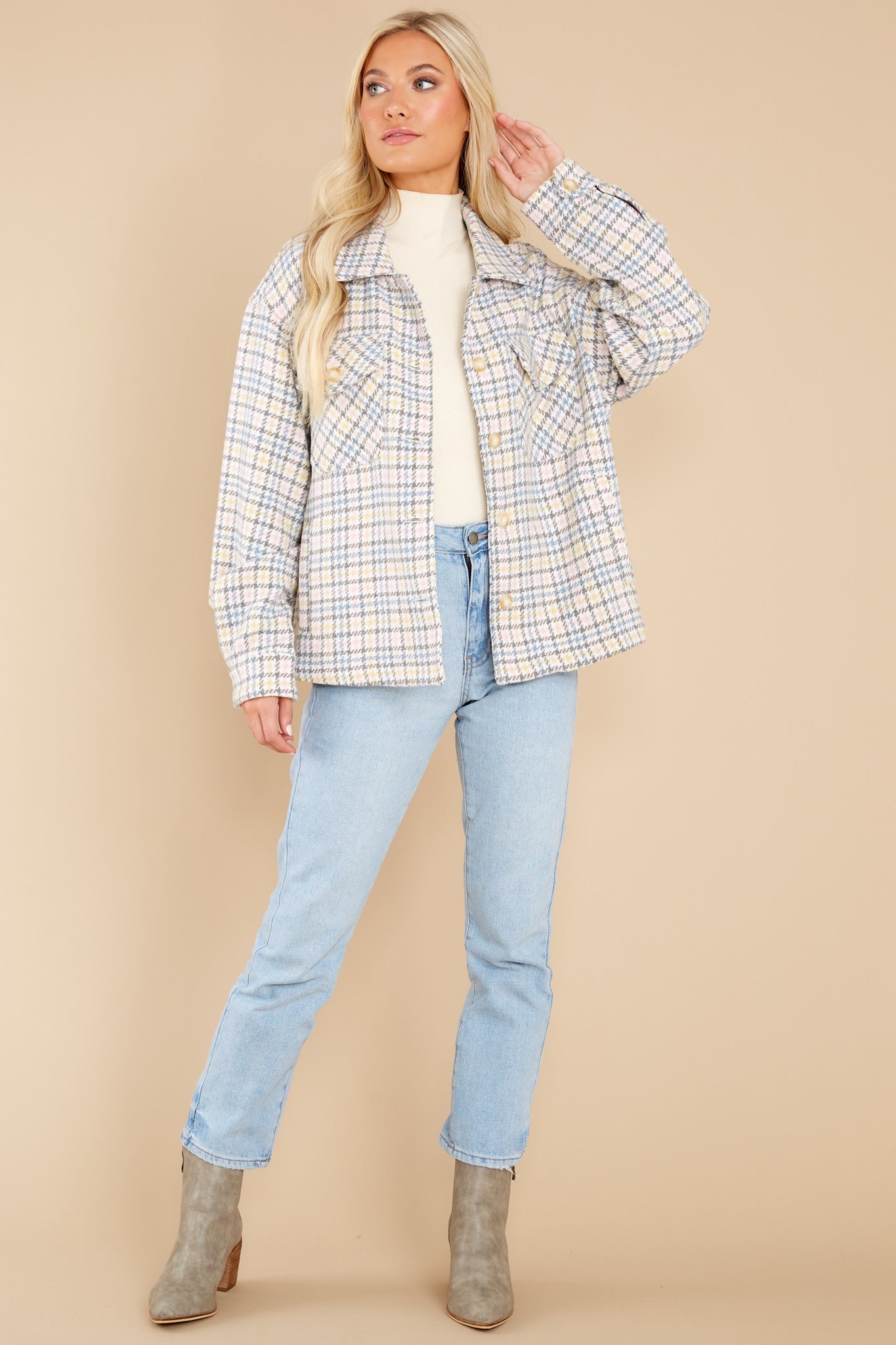 Keep Me Toasty Pink And Grey Plaid Shacket