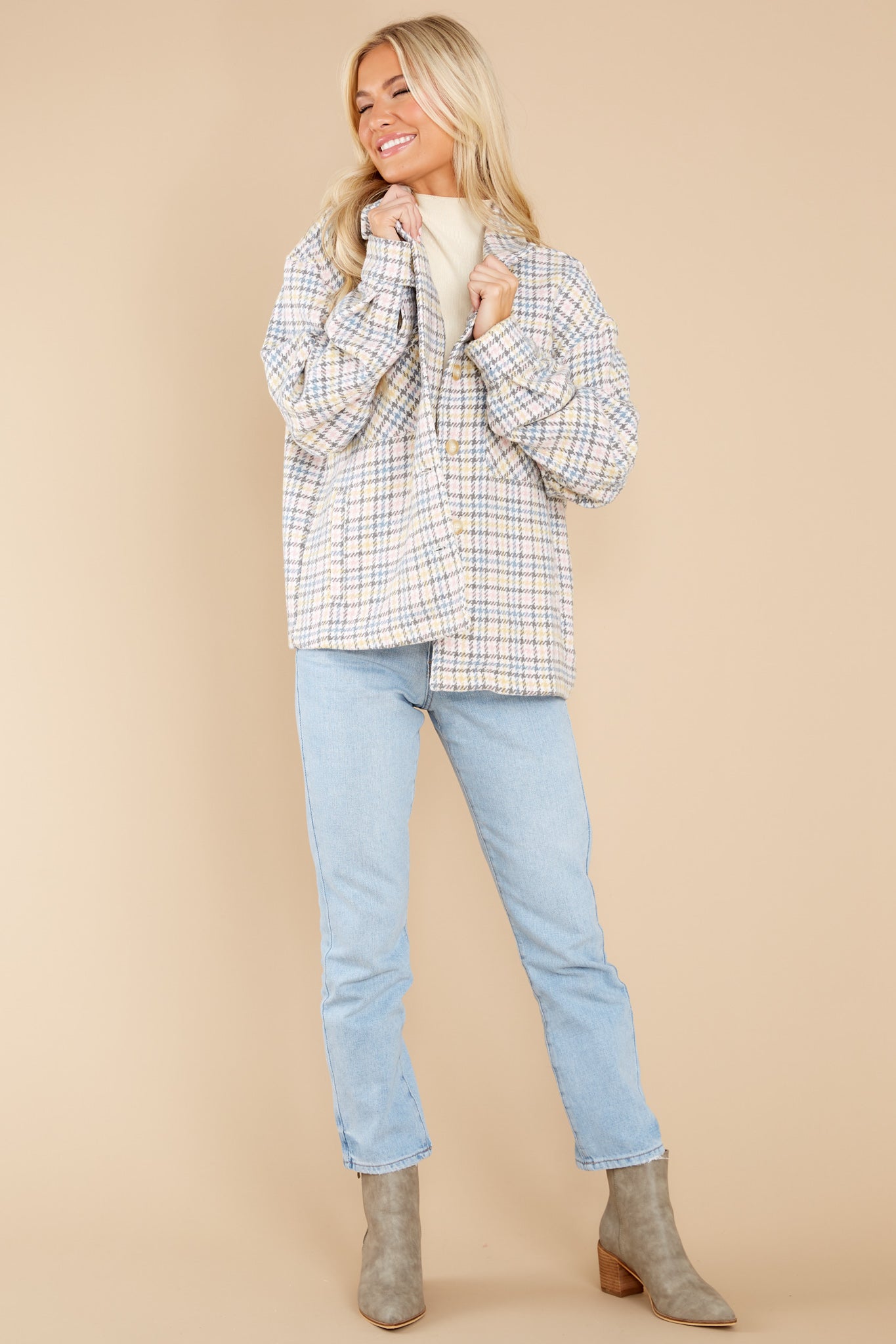 Keep Me Toasty Pink And Grey Plaid Shacket