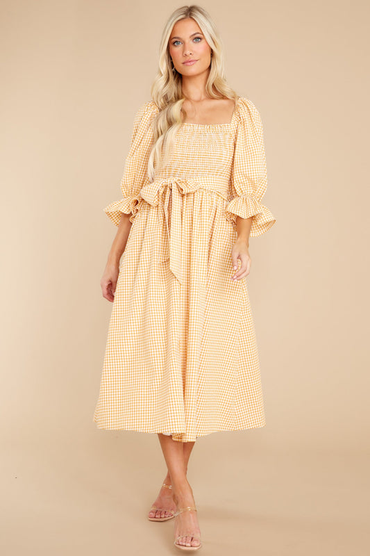 Lyrics To My Song Mustard Gingham Midi Dress