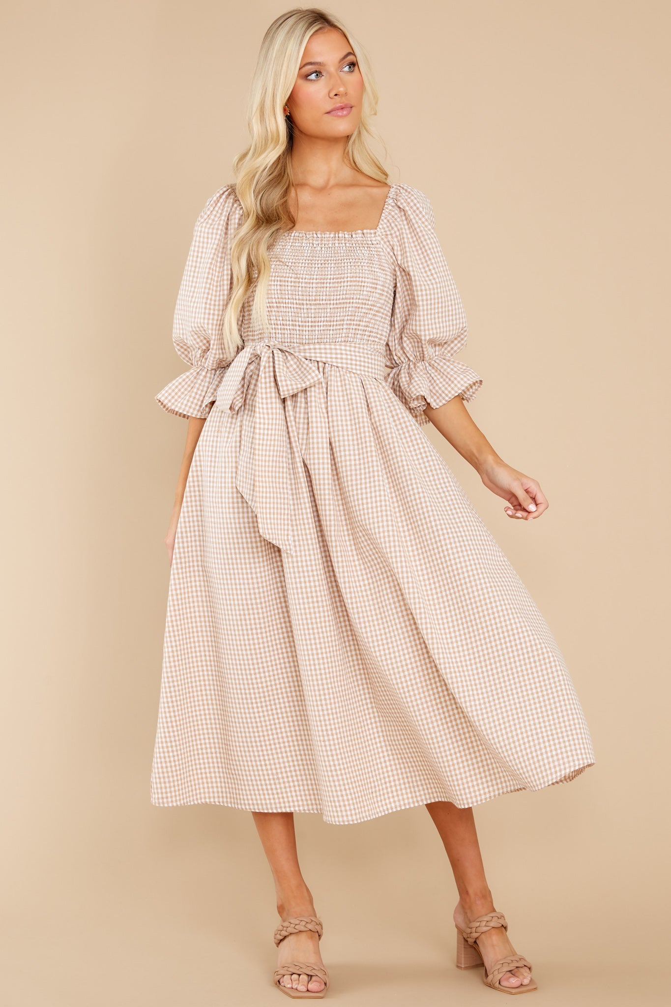 Lyrics To My Song Taupe Gingham Midi Dress