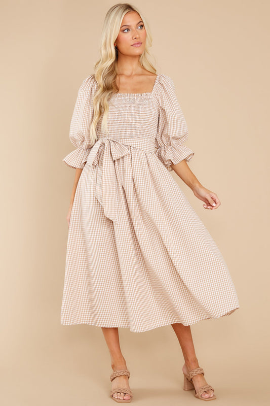 Lyrics To My Song Taupe Gingham Midi Dress