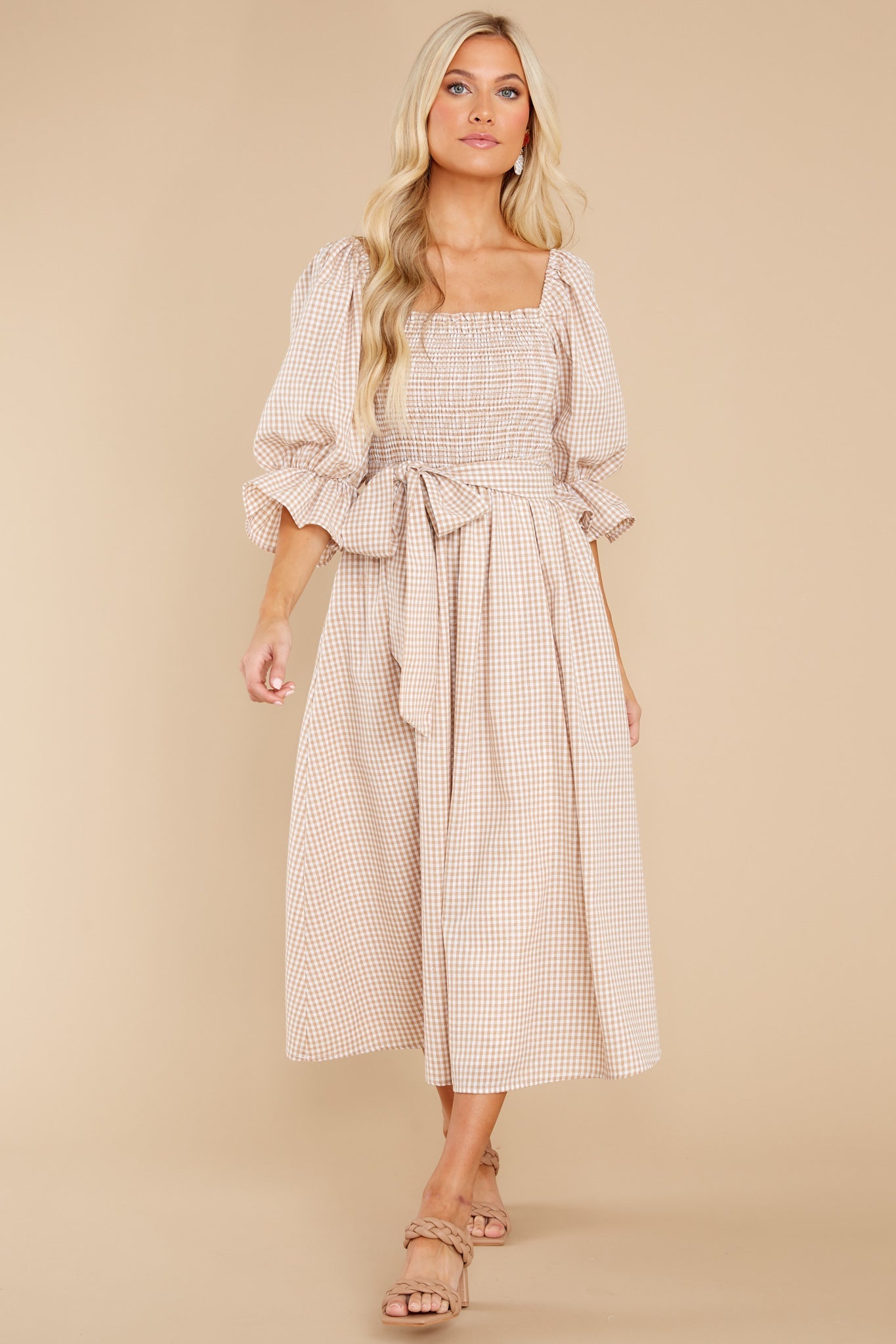 Lyrics To My Song Taupe Gingham Midi Dress