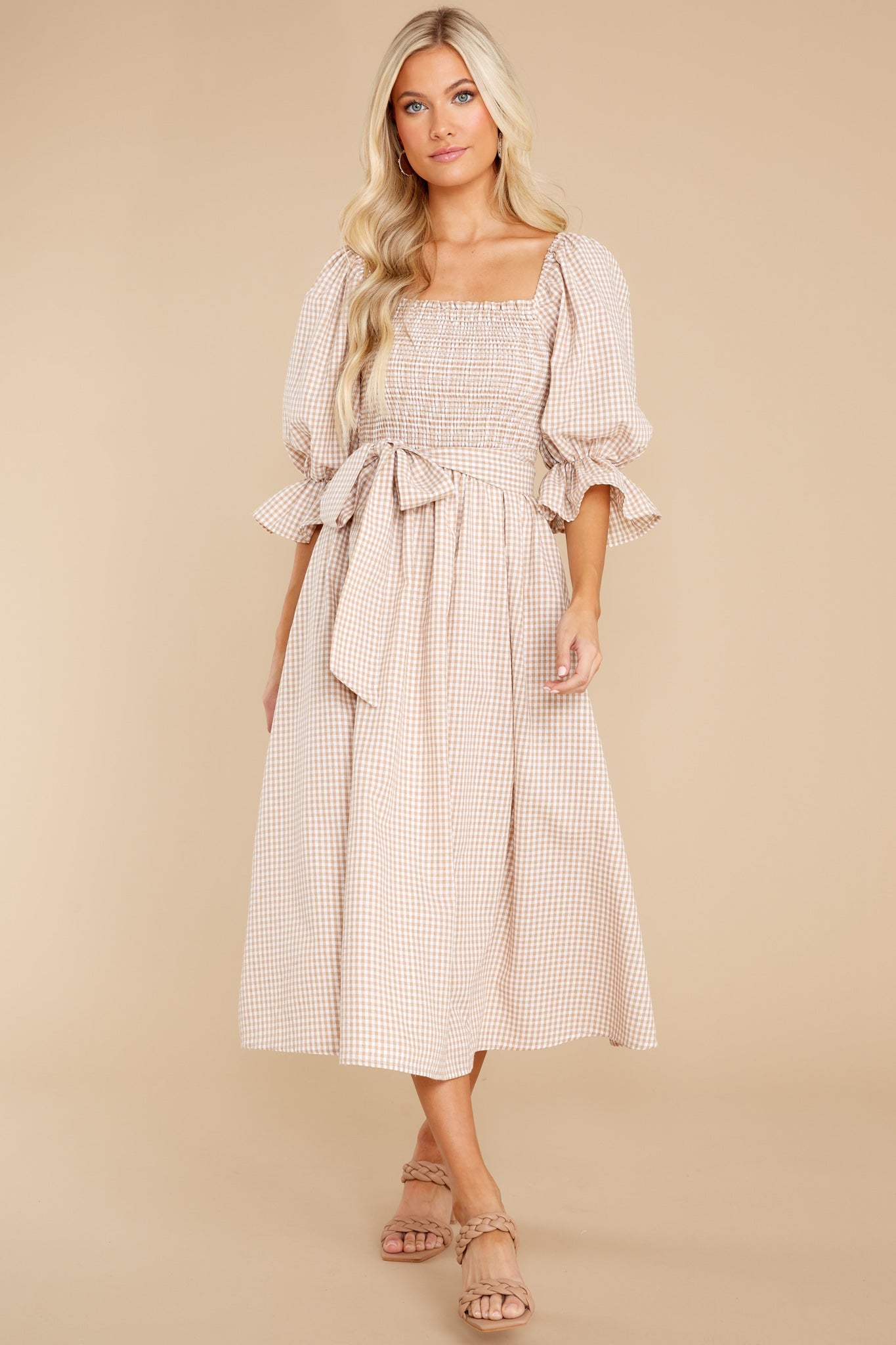 Lyrics To My Song Taupe Gingham Midi Dress