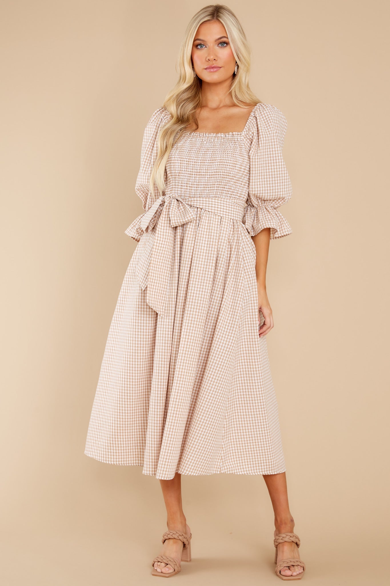 Lyrics To My Song Taupe Gingham Midi Dress