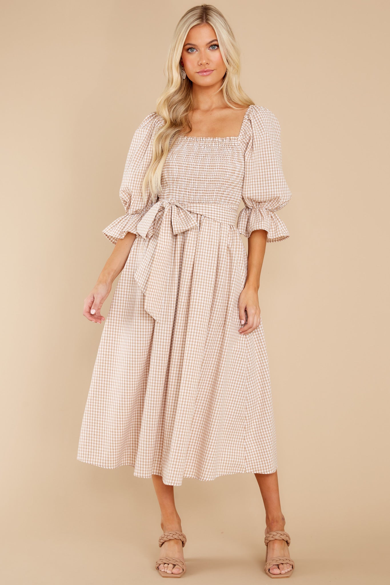 Lyrics To My Song Taupe Gingham Midi Dress