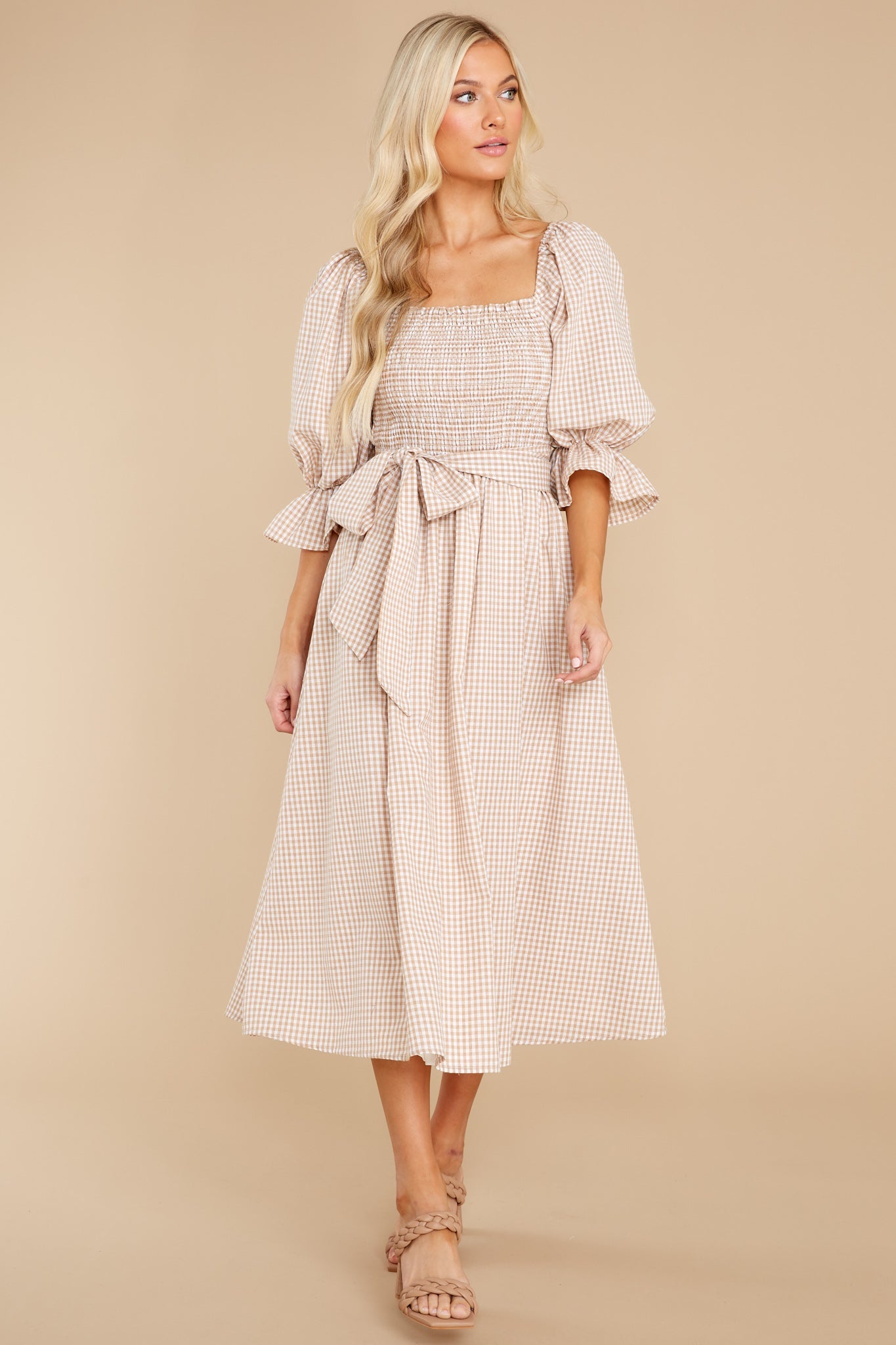 Lyrics To My Song Taupe Gingham Midi Dress