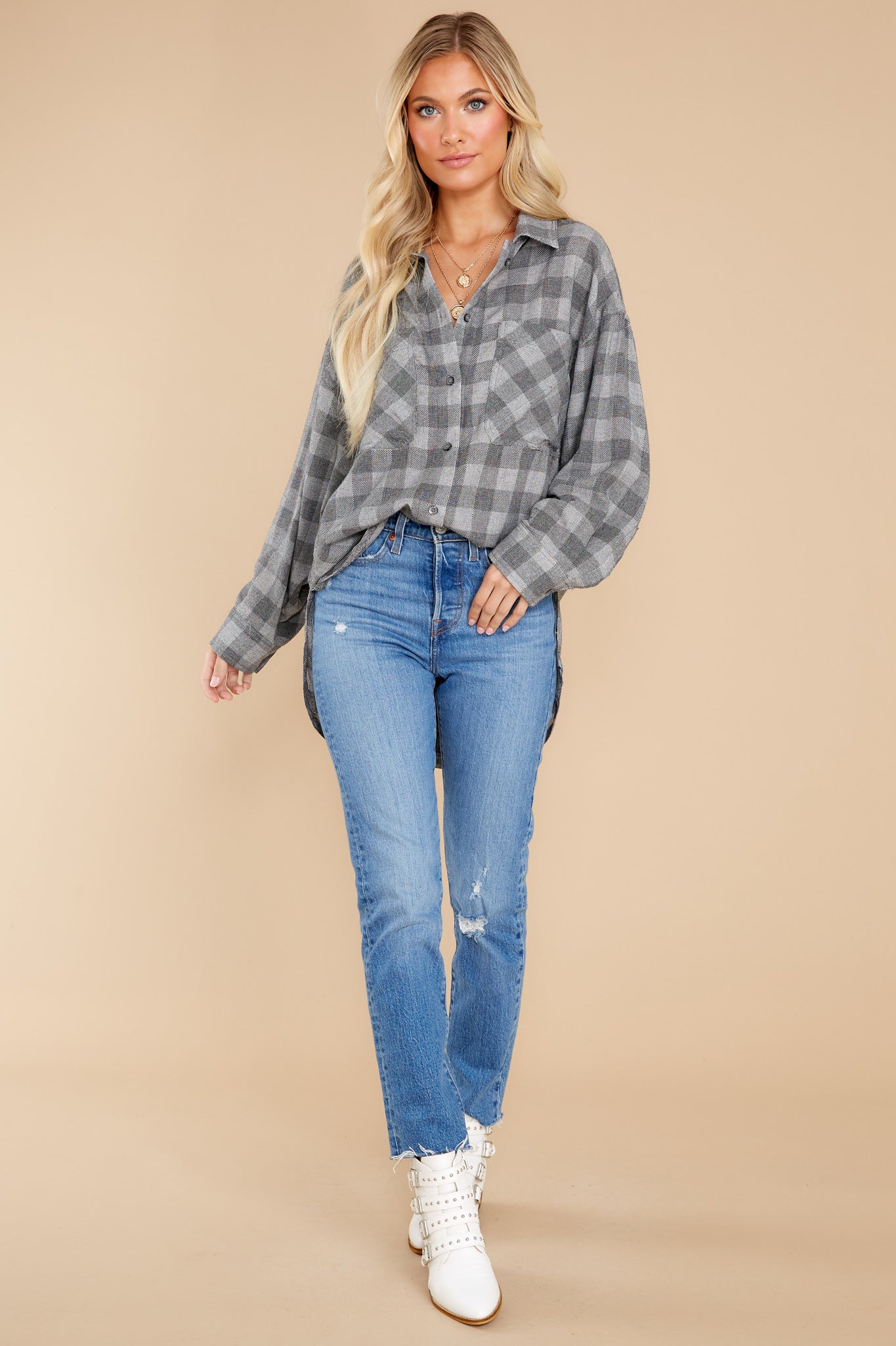 To The Point Grey Plaid Top