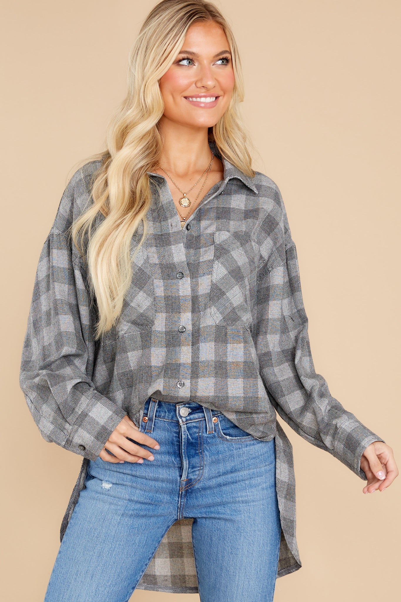 To The Point Grey Plaid Top