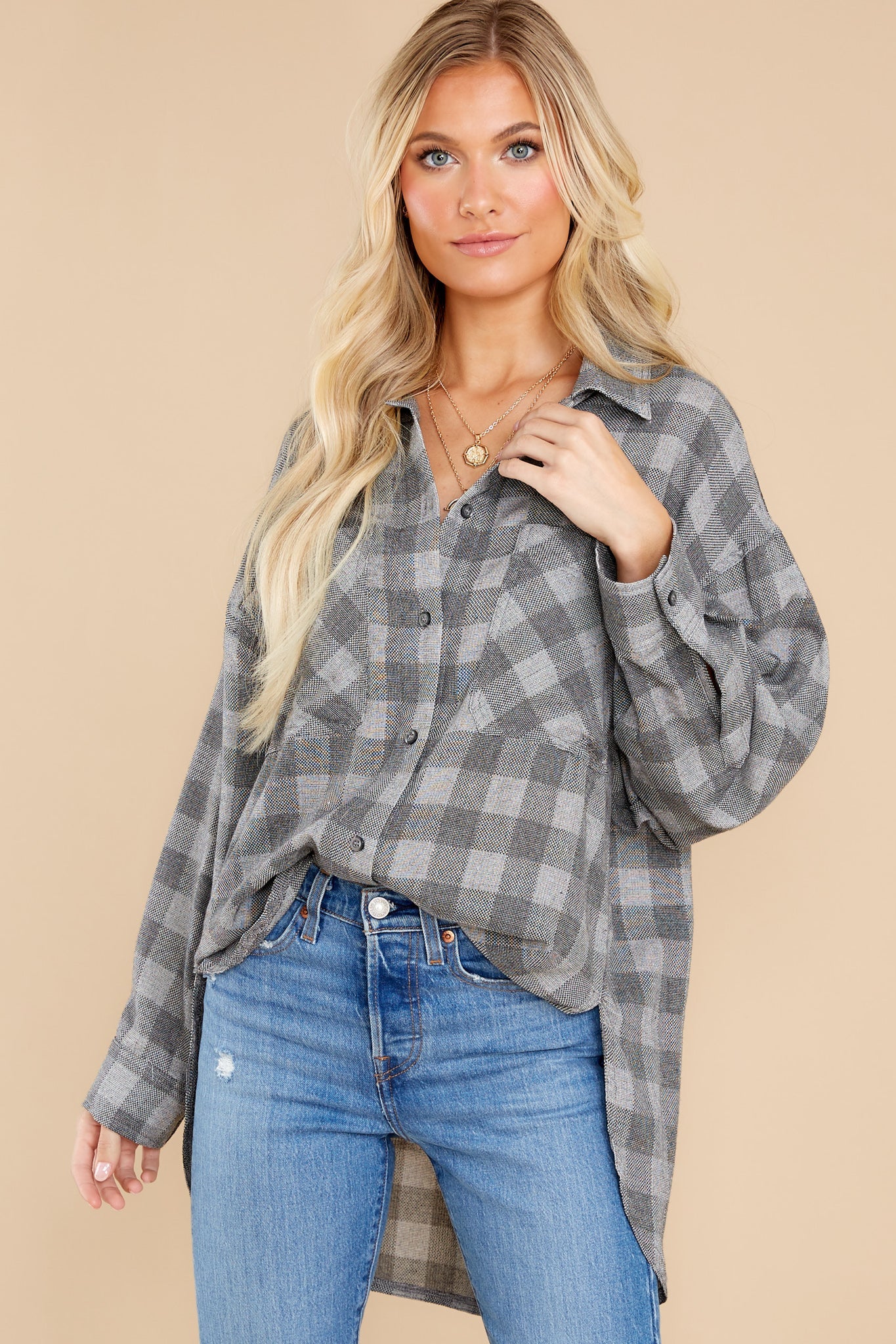 To The Point Grey Plaid Top