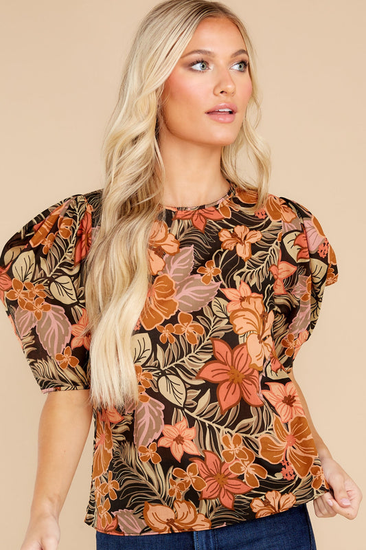 Just Killing Time Black Floral Print Top