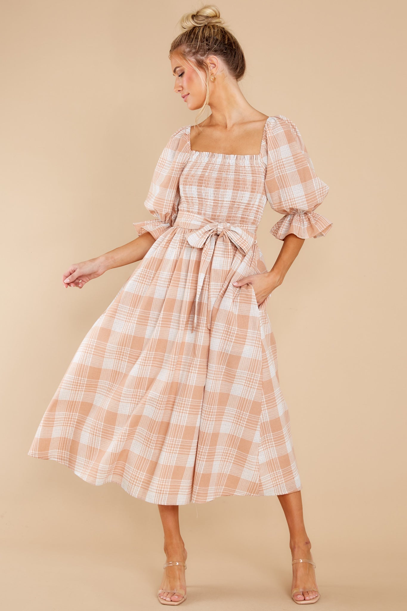 Daydreaming About Me Peach Plaid Midi Dress