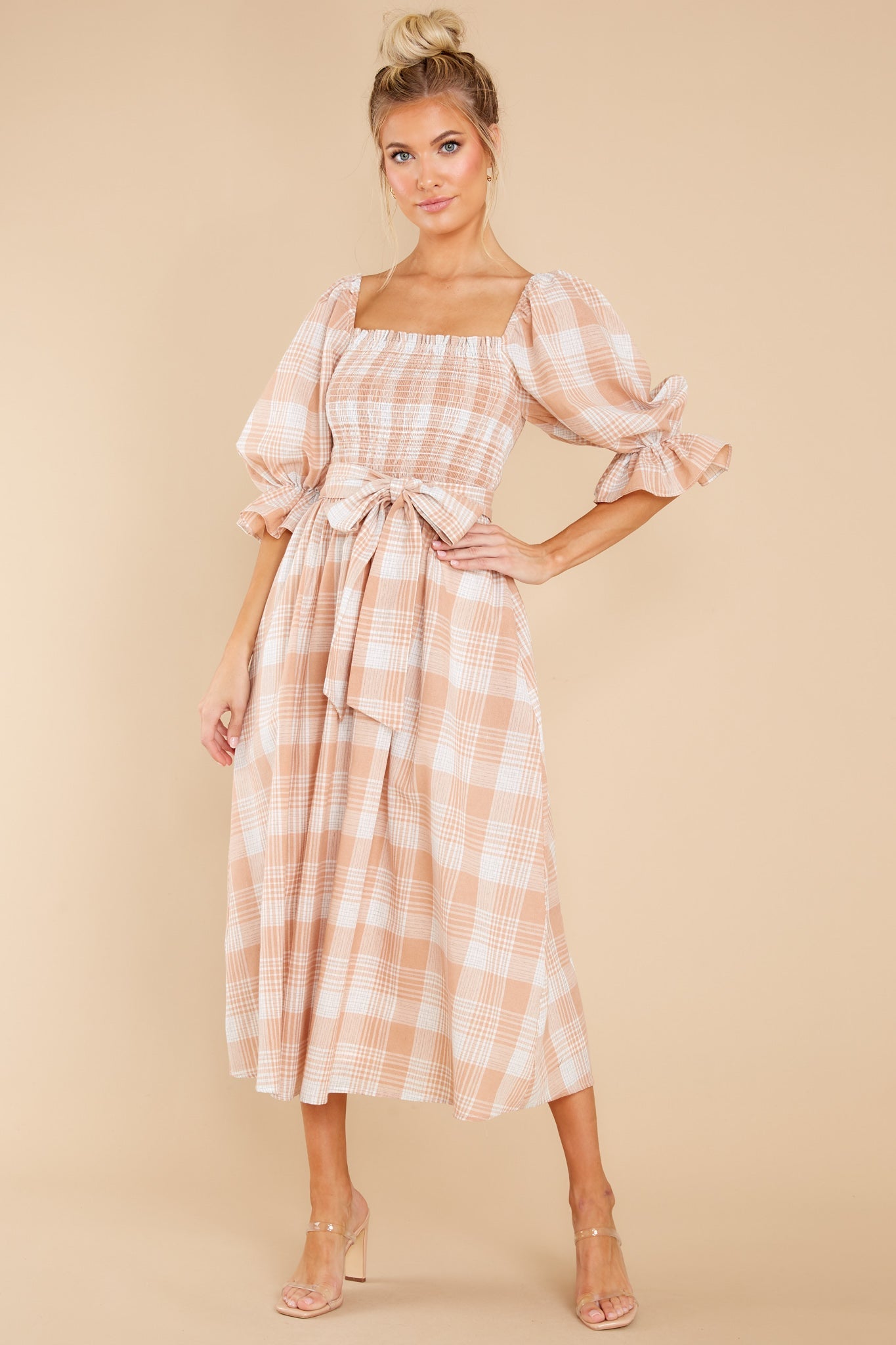 Daydreaming About Me Peach Plaid Midi Dress