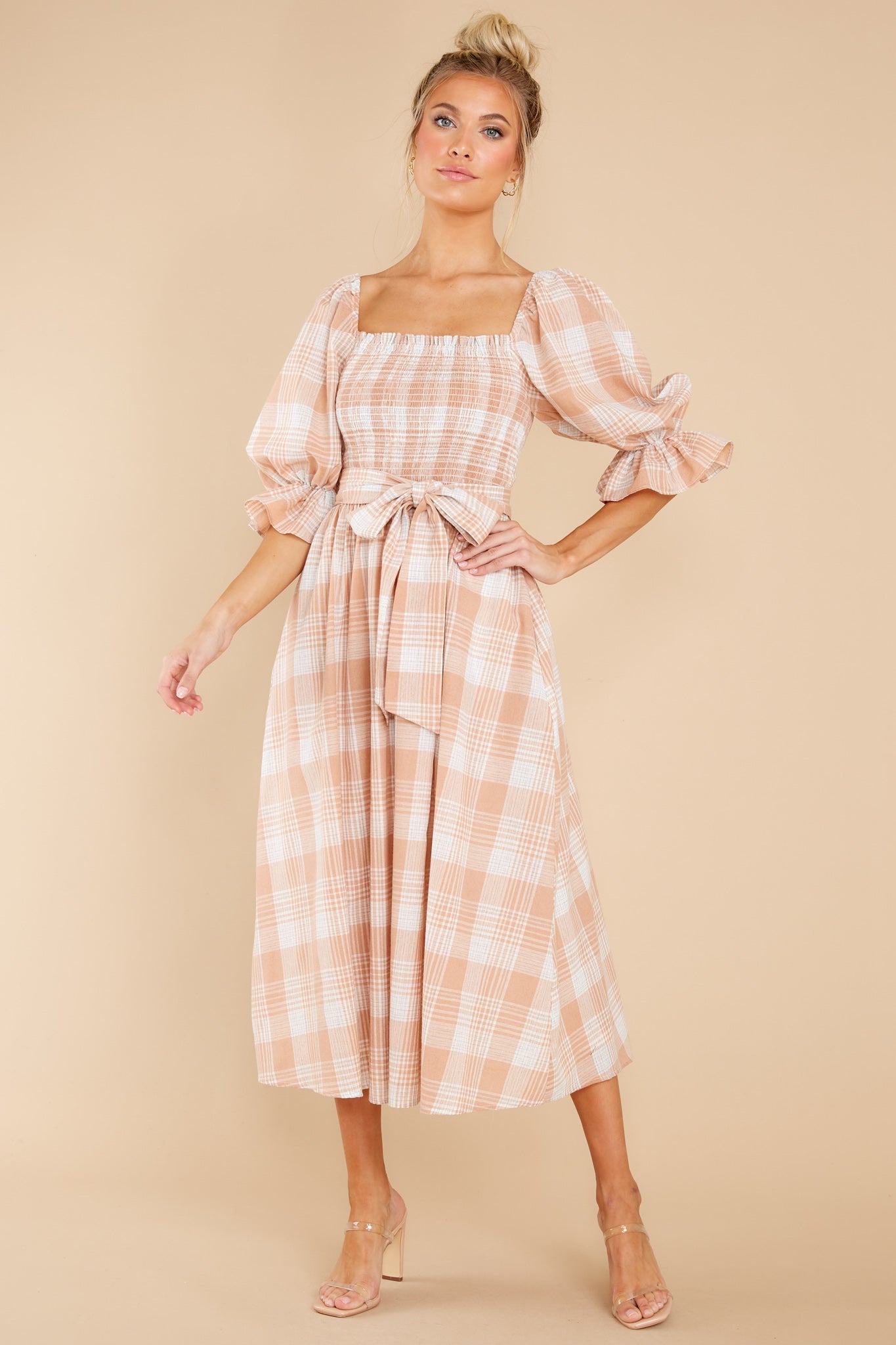 Daydreaming About Me Peach Plaid Midi Dress