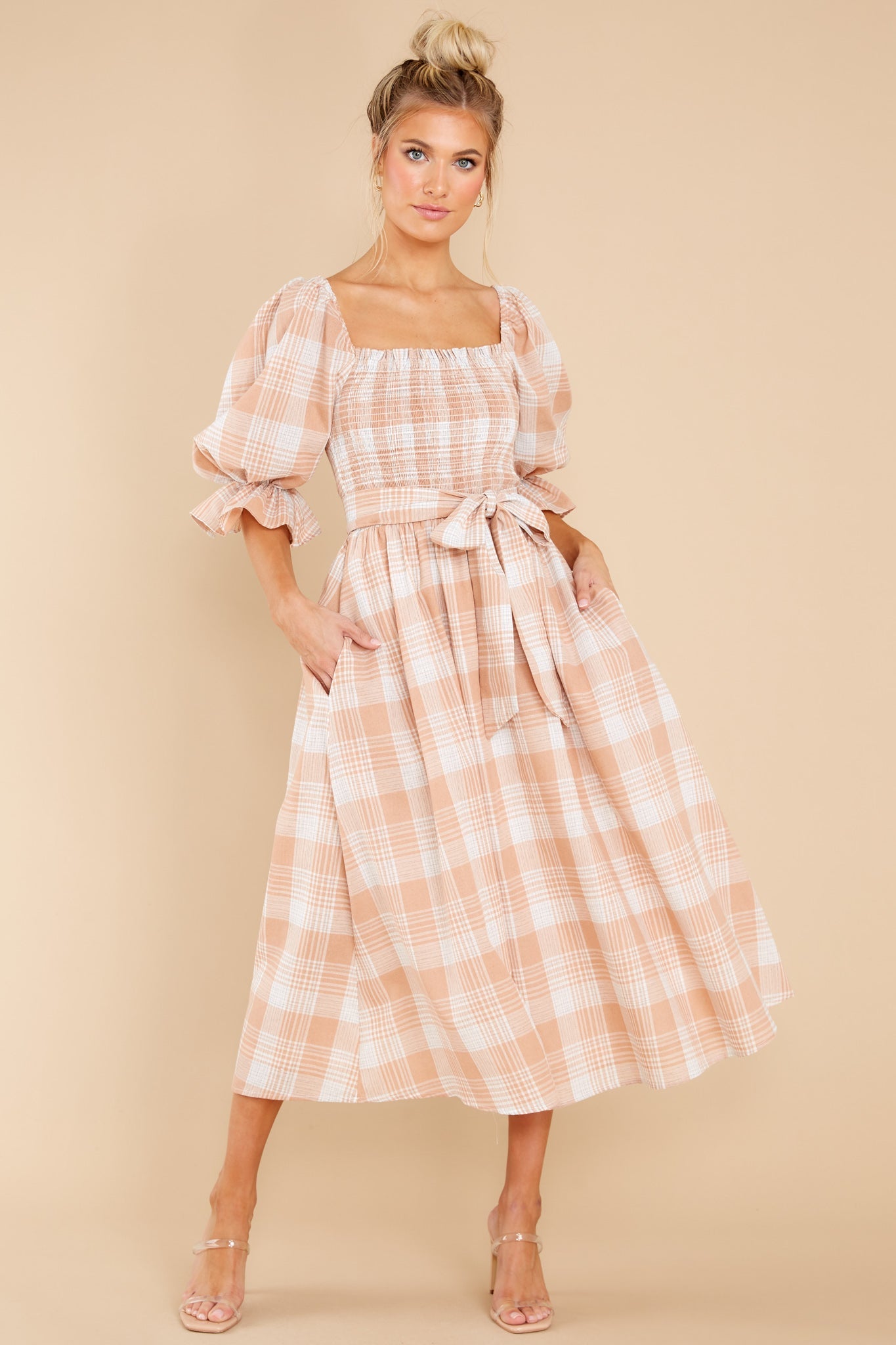 Daydreaming About Me Peach Plaid Midi Dress