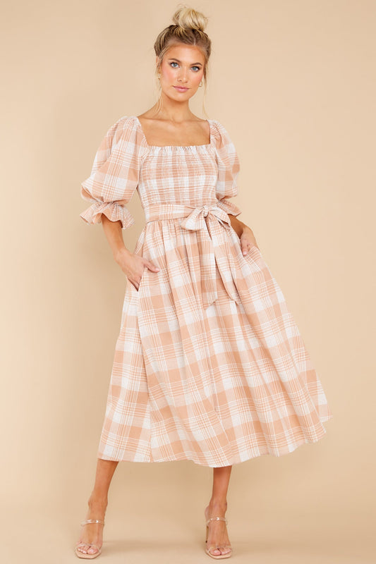 Daydreaming About Me Peach Plaid Midi Dress
