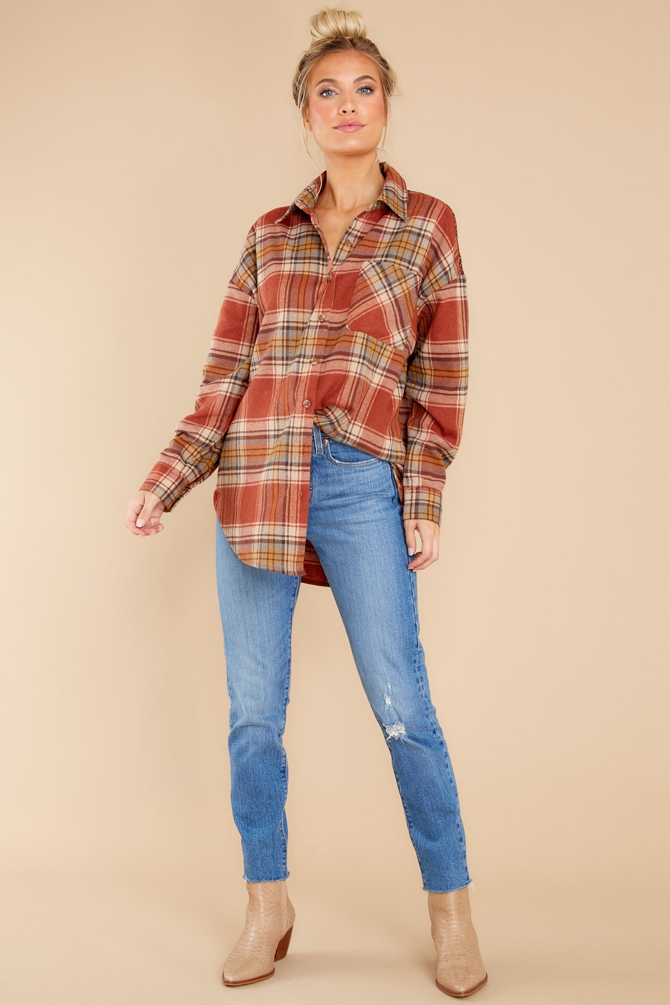 Cheerful Times Rust Multi Plaid Top