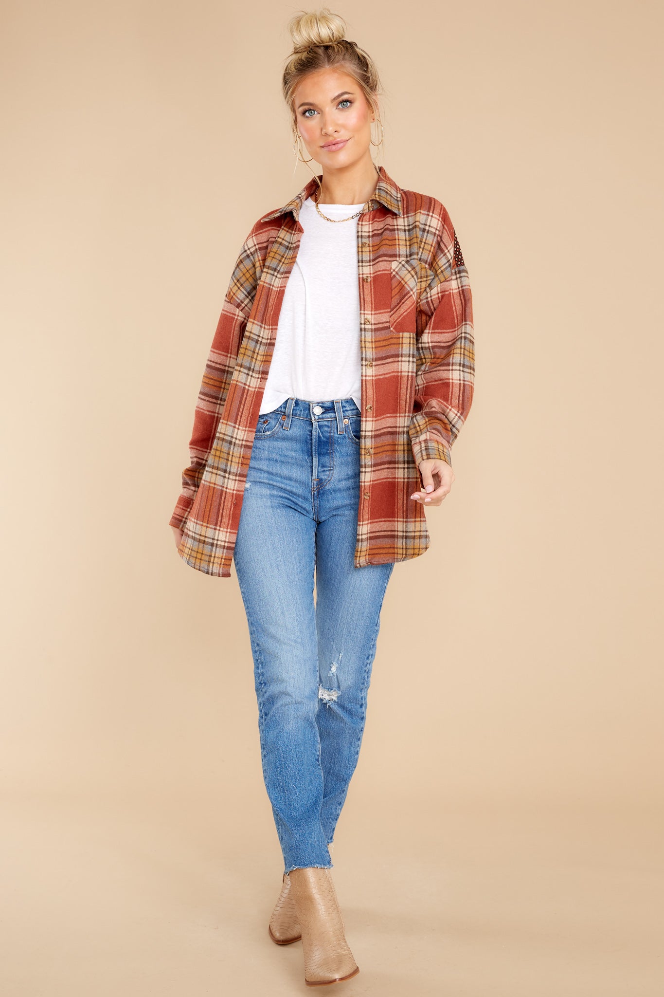 Cheerful Times Rust Multi Plaid Top