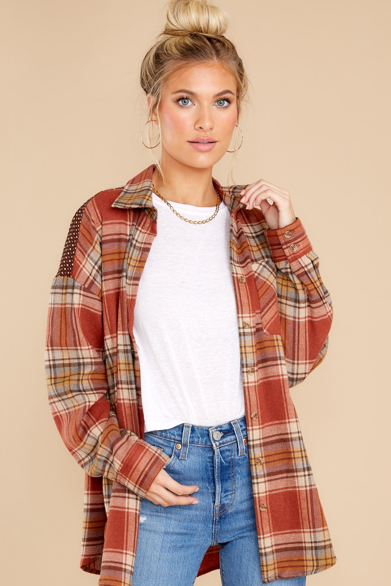 Cheerful Times Rust Multi Plaid Top