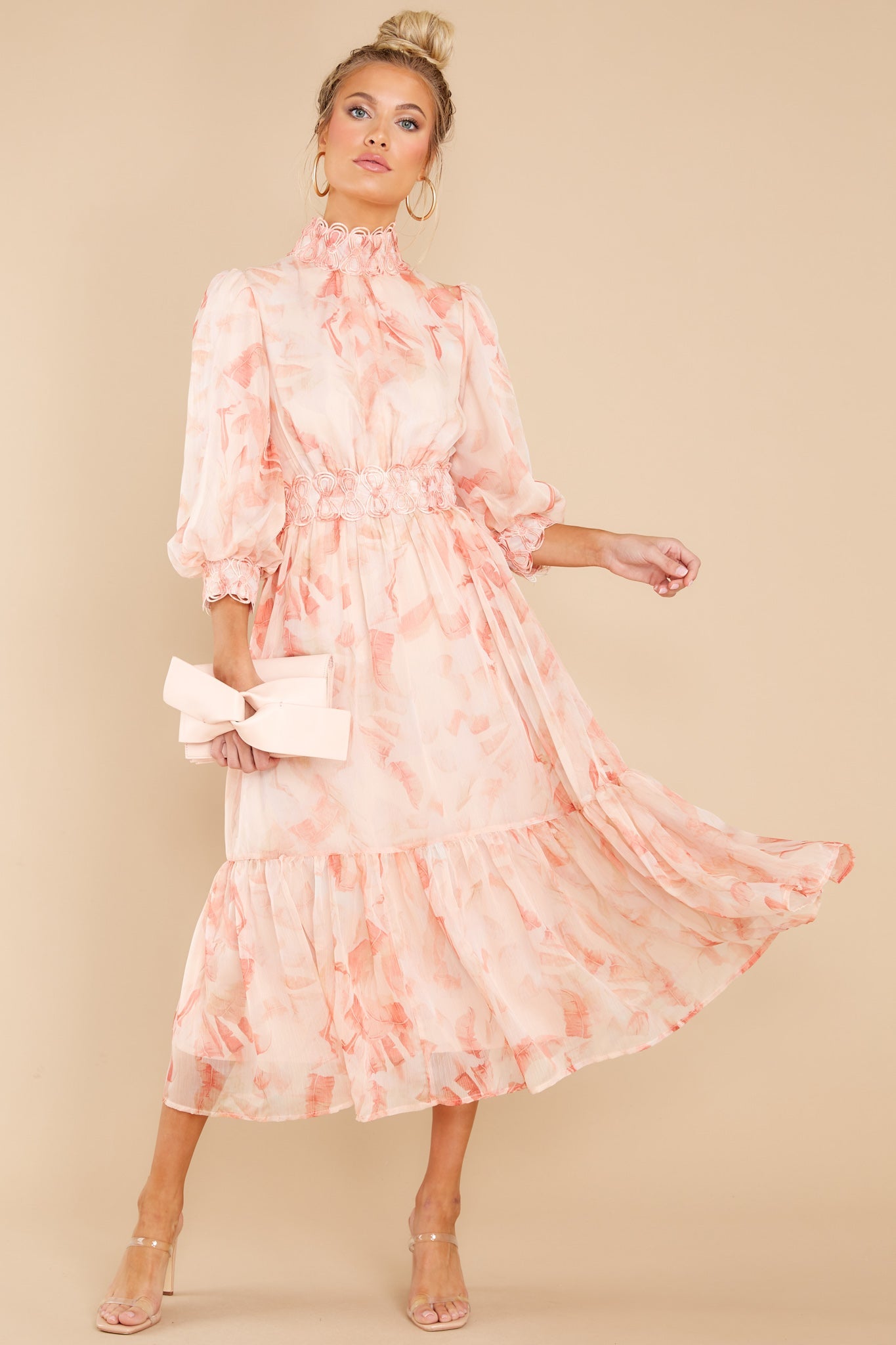 Start From The Top Peach Palm Print Midi Dress