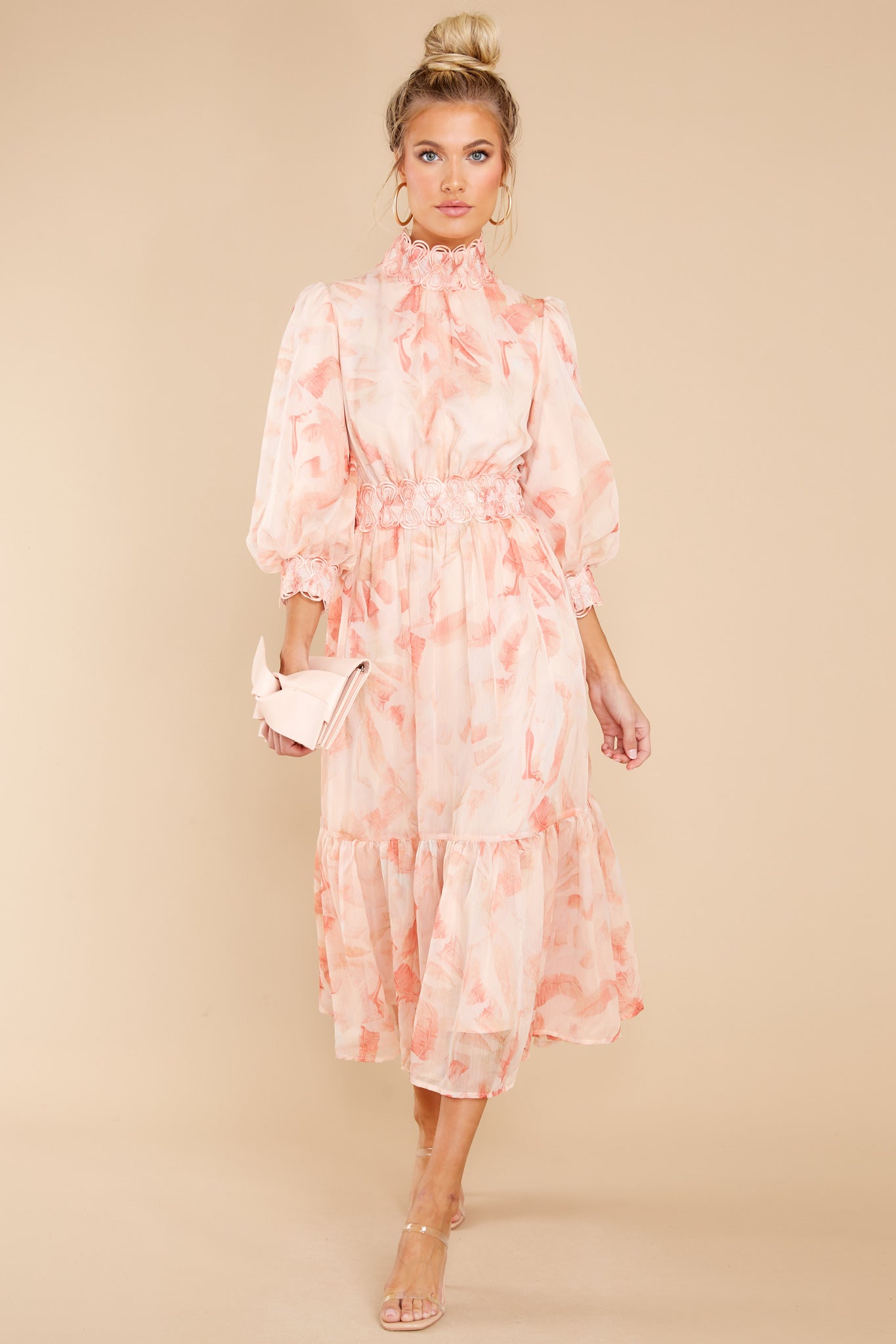 Start From The Top Peach Palm Print Midi Dress