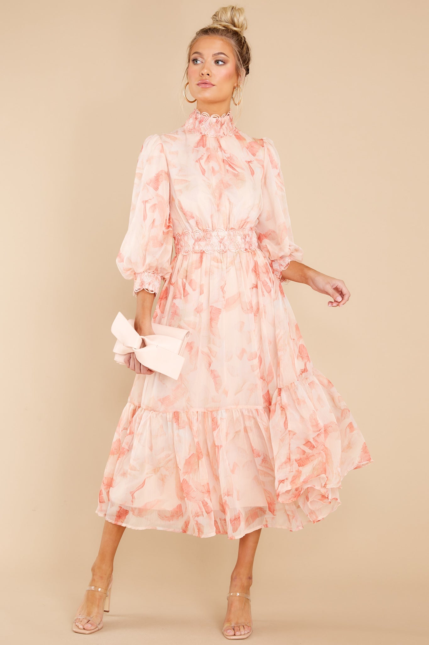 Start From The Top Peach Palm Print Midi Dress