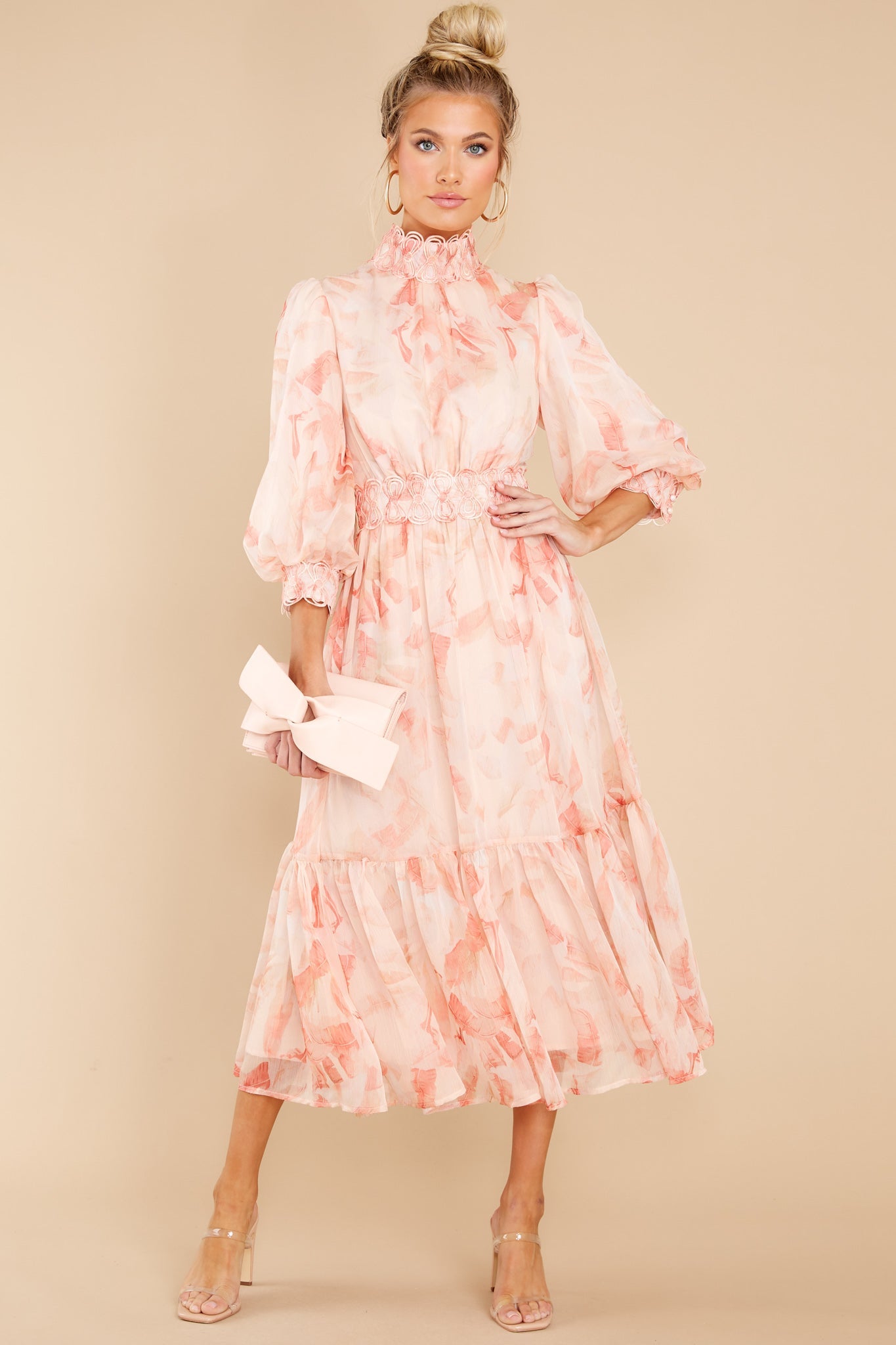 Start From The Top Peach Palm Print Midi Dress