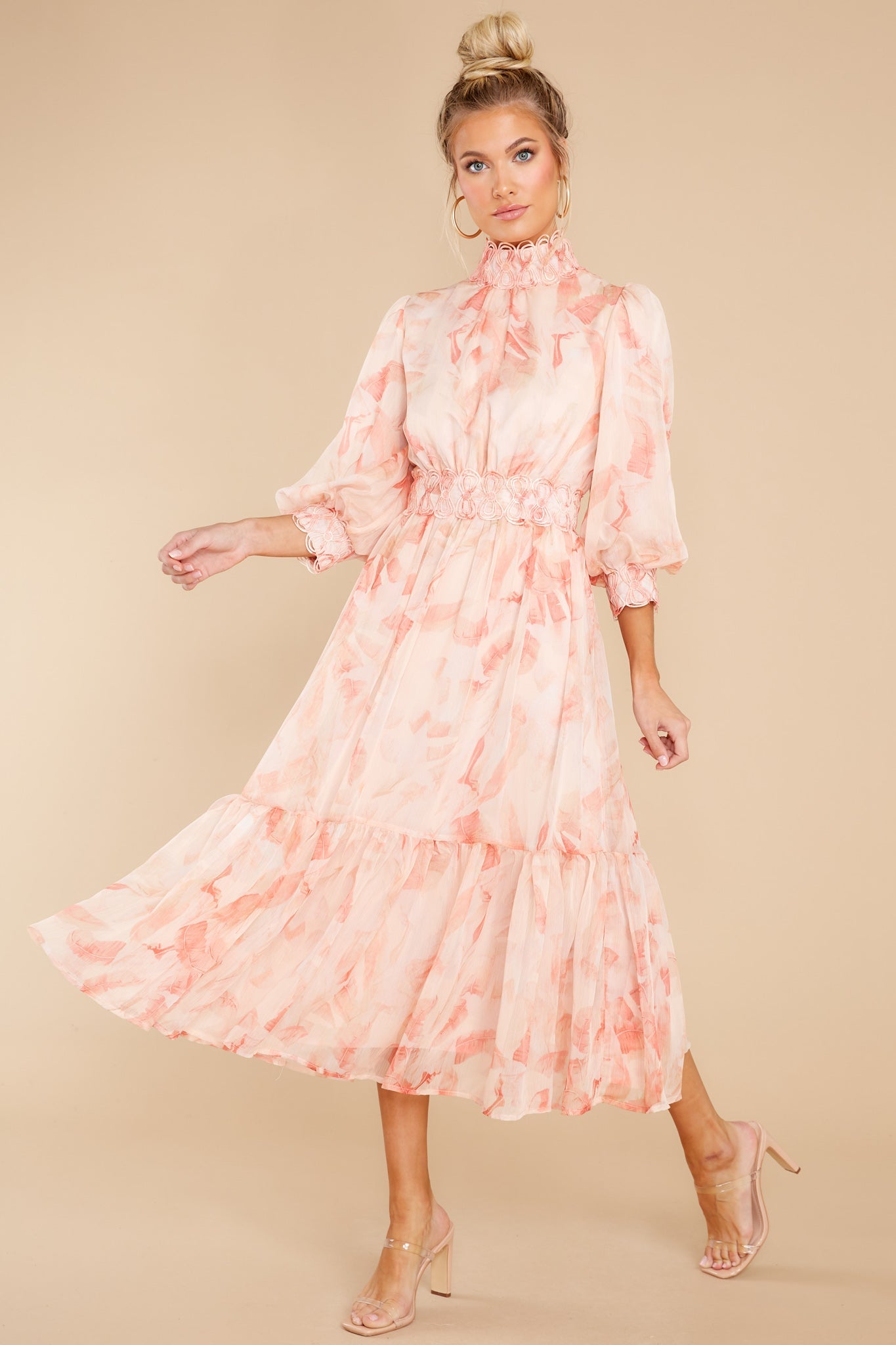 Start From The Top Peach Palm Print Midi Dress