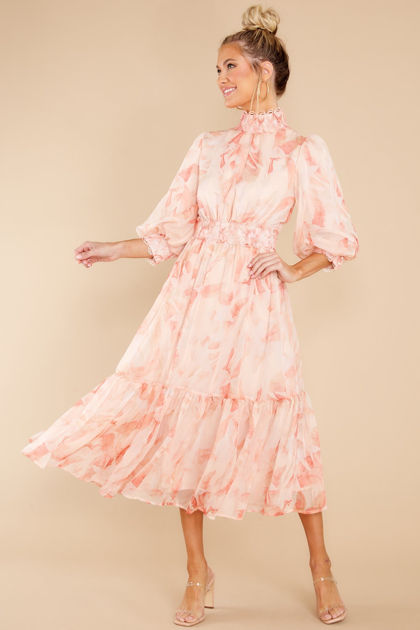 Start From The Top Peach Palm Print Midi Dress