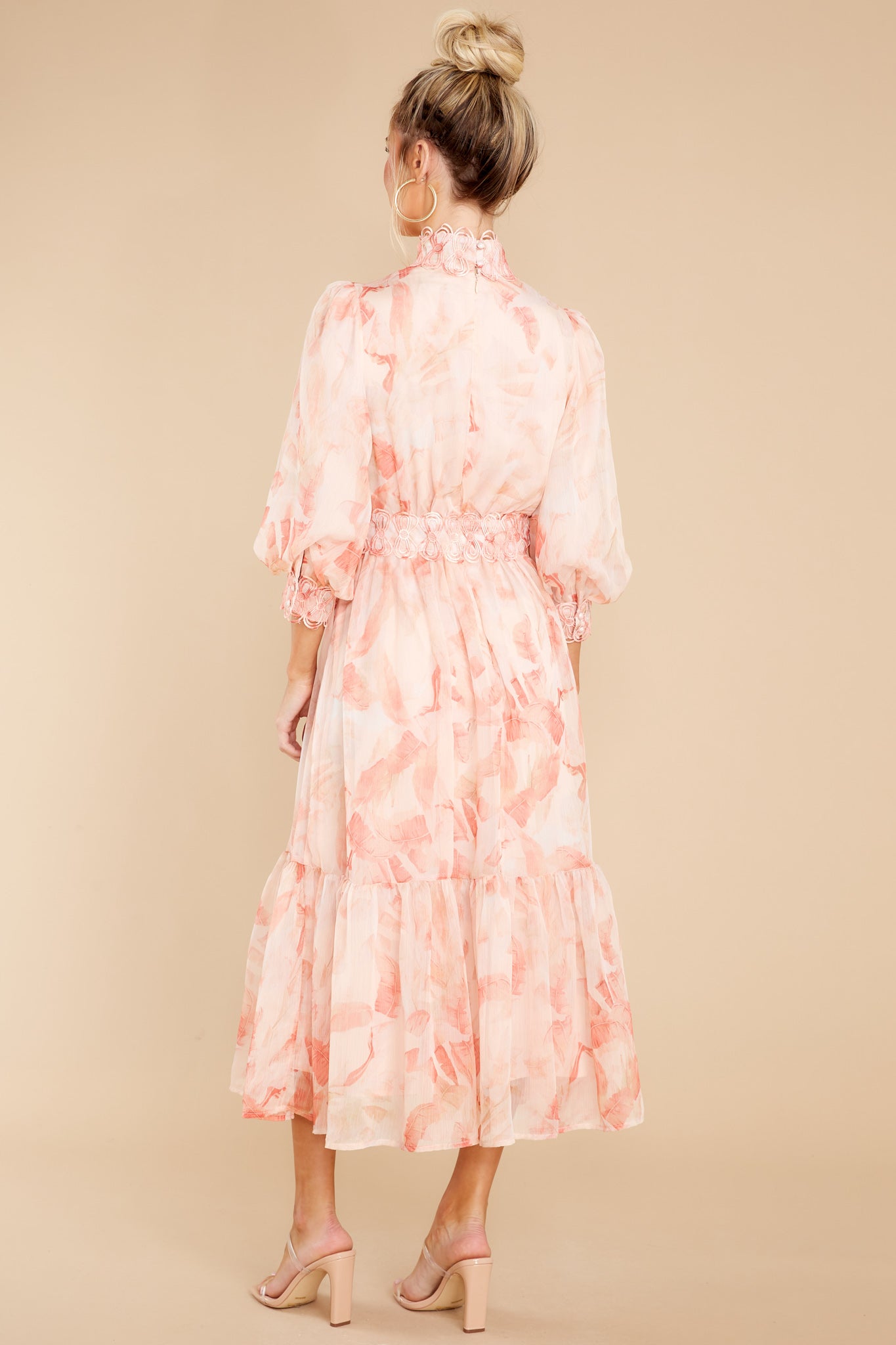 Start From The Top Peach Palm Print Midi Dress