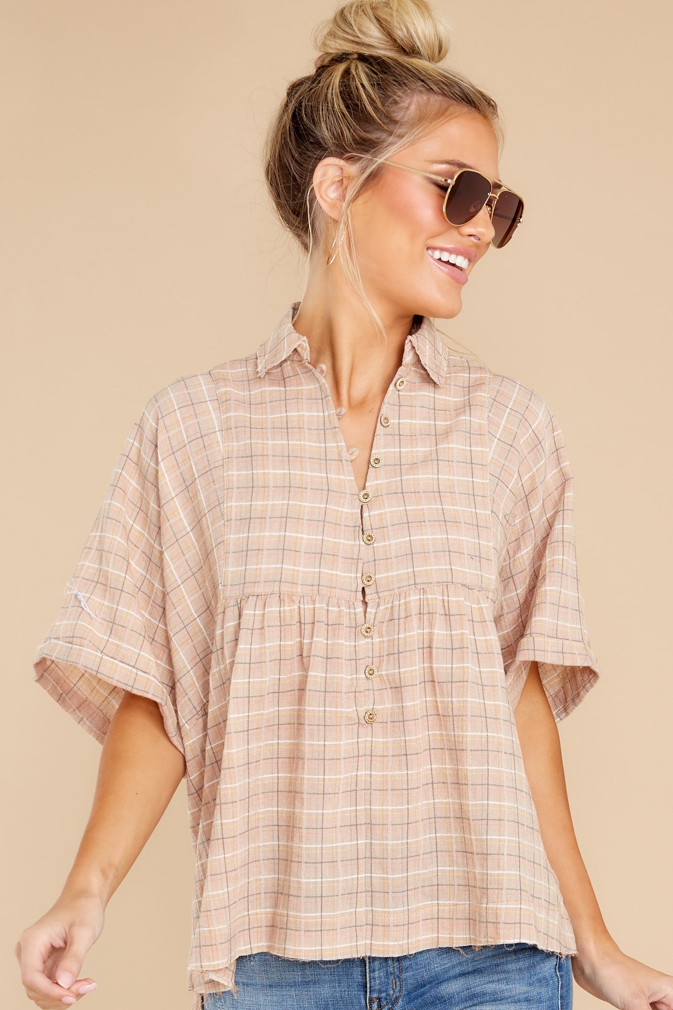 Today's Destiny Taupe Plaid Top