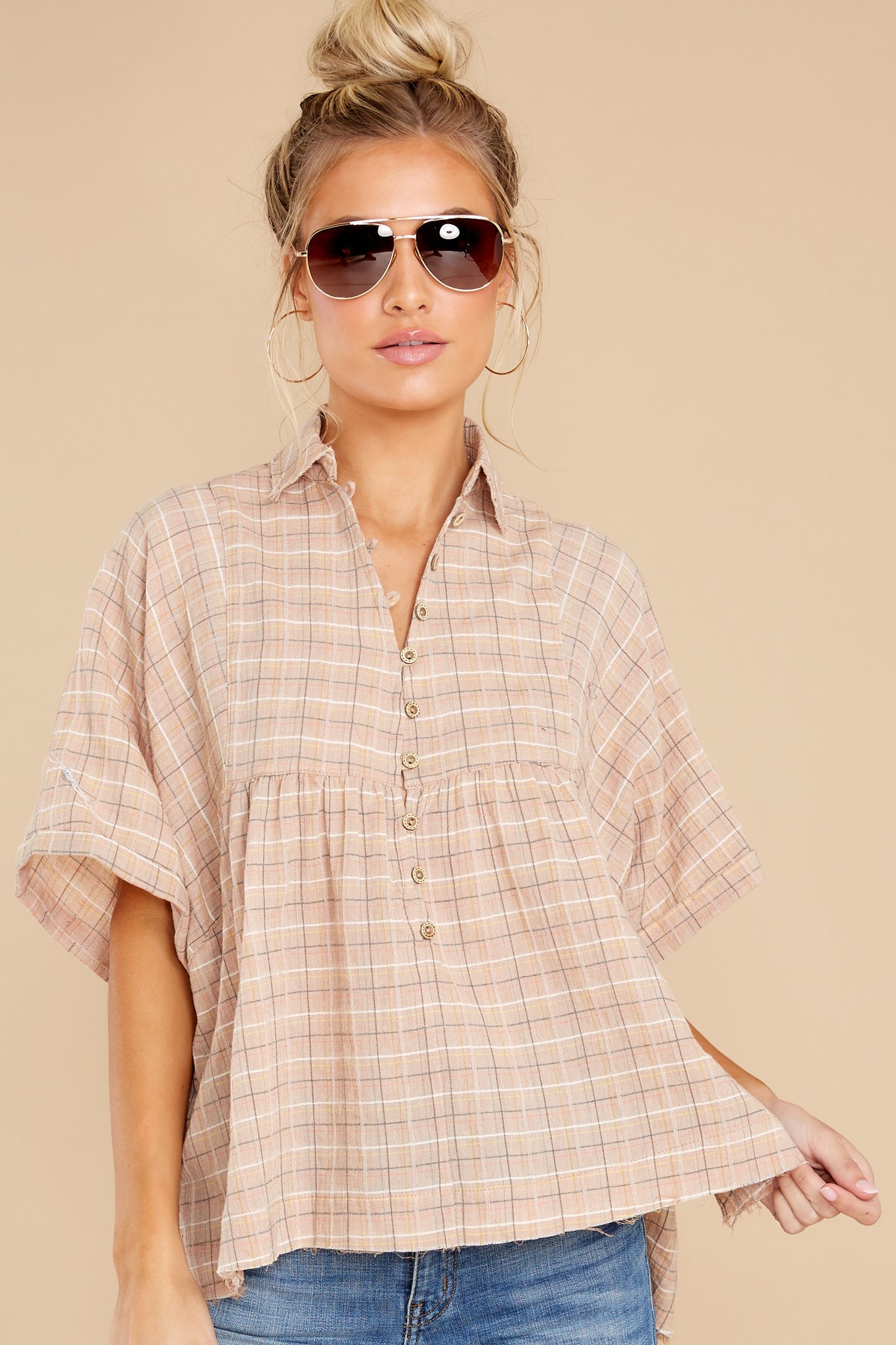 Today's Destiny Taupe Plaid Top