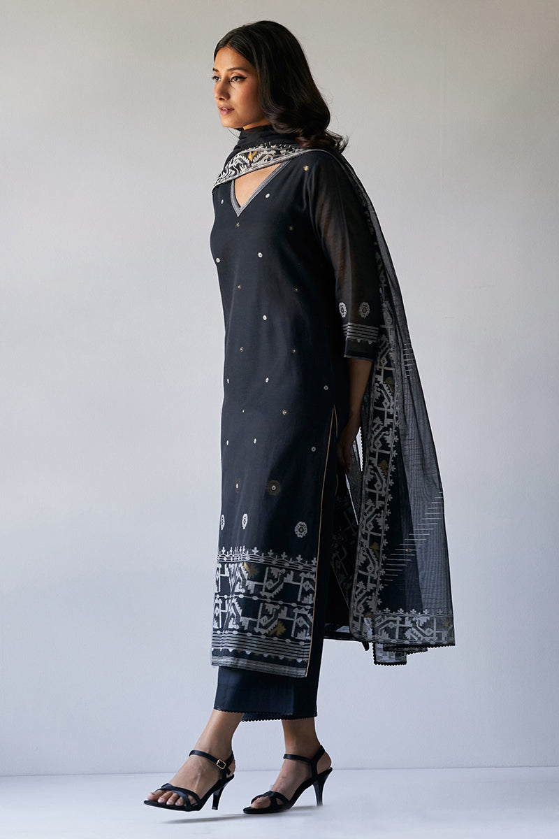 Black Woven Kurta With Viscose Chanderi Dupatta