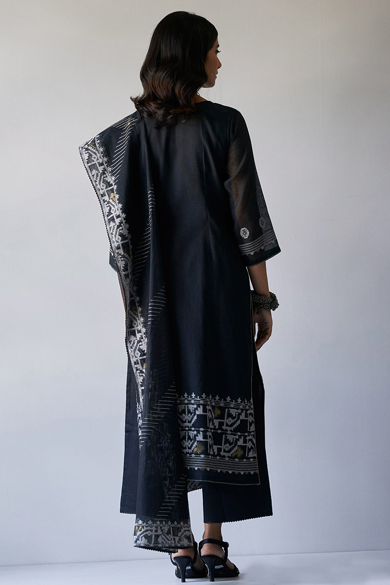 Black Woven Kurta With Viscose Chanderi Dupatta