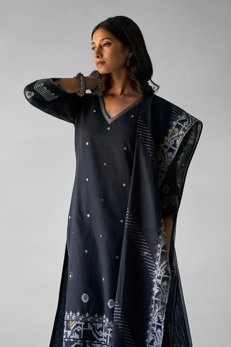 Black Woven Kurta With Viscose Chanderi Dupatta