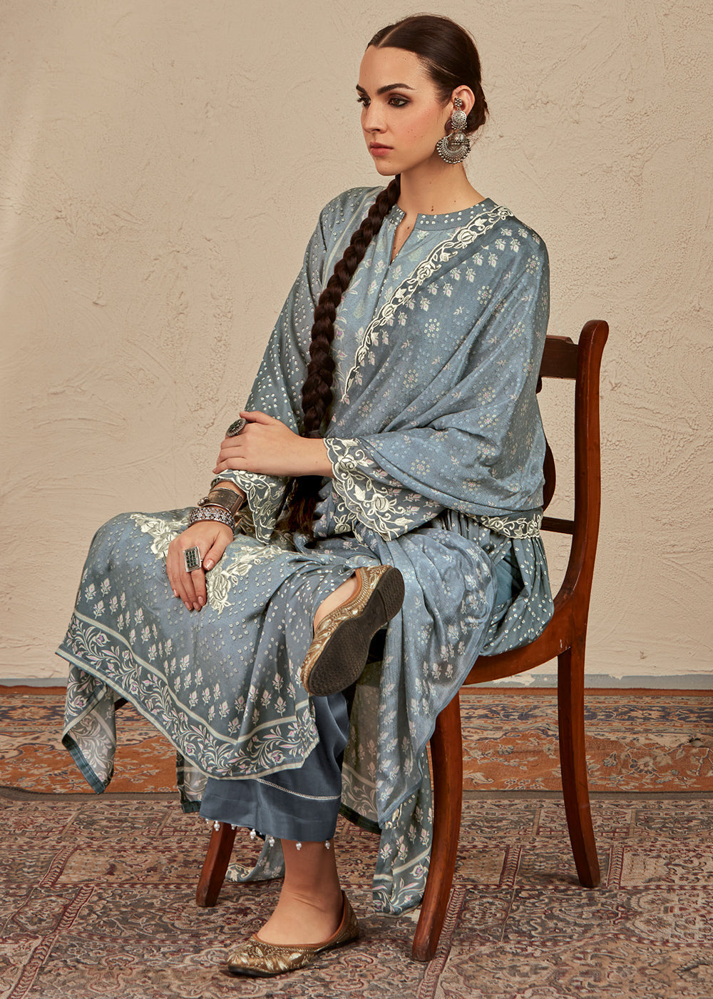 Lava Grey Digital Printed Cotton Silk Suit With Parsi Embroidery work