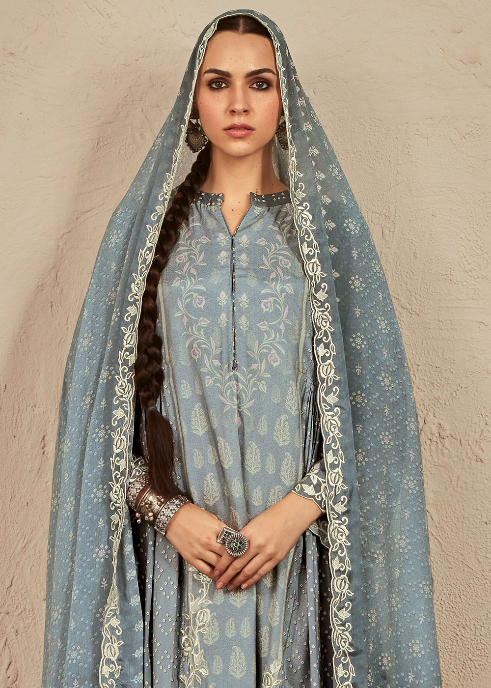 Lava Grey Digital Printed Cotton Silk Suit With Parsi Embroidery work