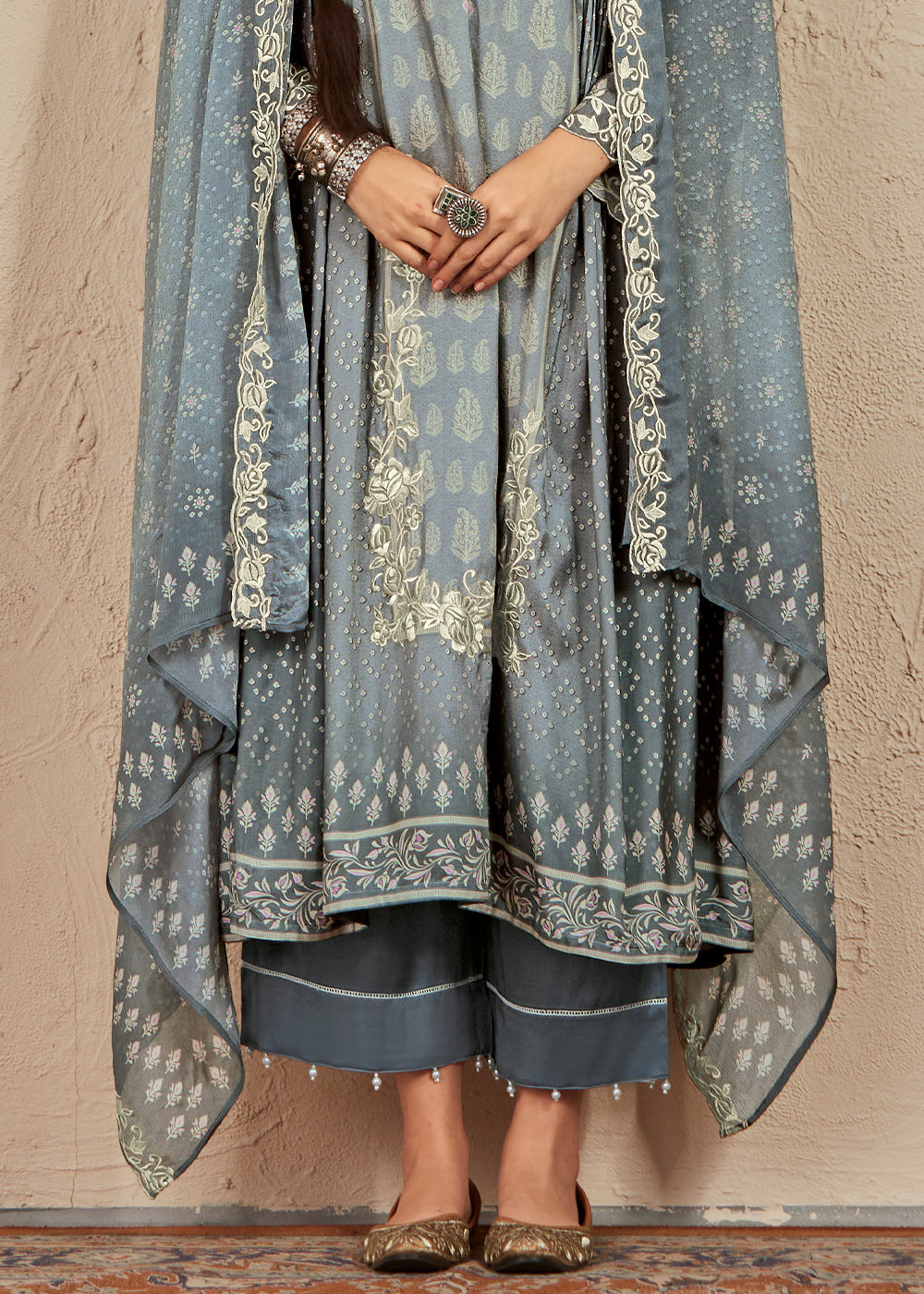 Lava Grey Digital Printed Cotton Silk Suit With Parsi Embroidery work