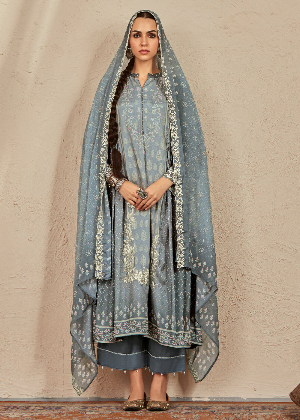 Lava Grey Digital Printed Cotton Silk Suit With Parsi Embroidery work