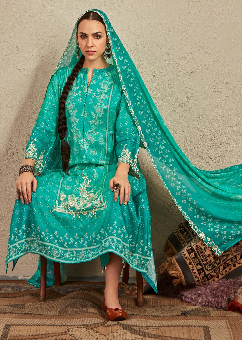 Turquoise Green Digital Printed Cotton Silk Suit With Parsi Embroidery work