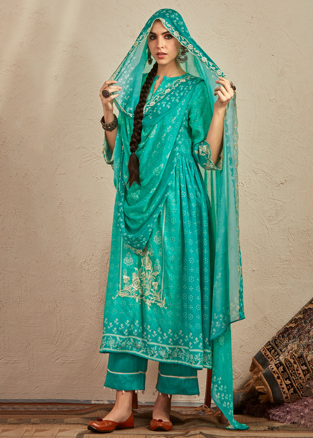 Turquoise Green Digital Printed Cotton Silk Suit With Parsi Embroidery work