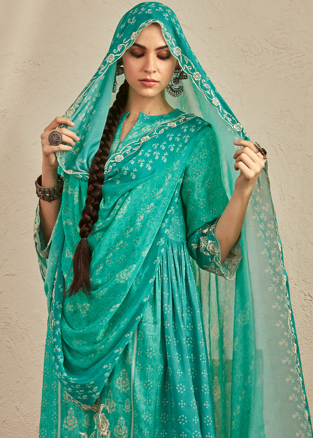 Turquoise Green Digital Printed Cotton Silk Suit With Parsi Embroidery work